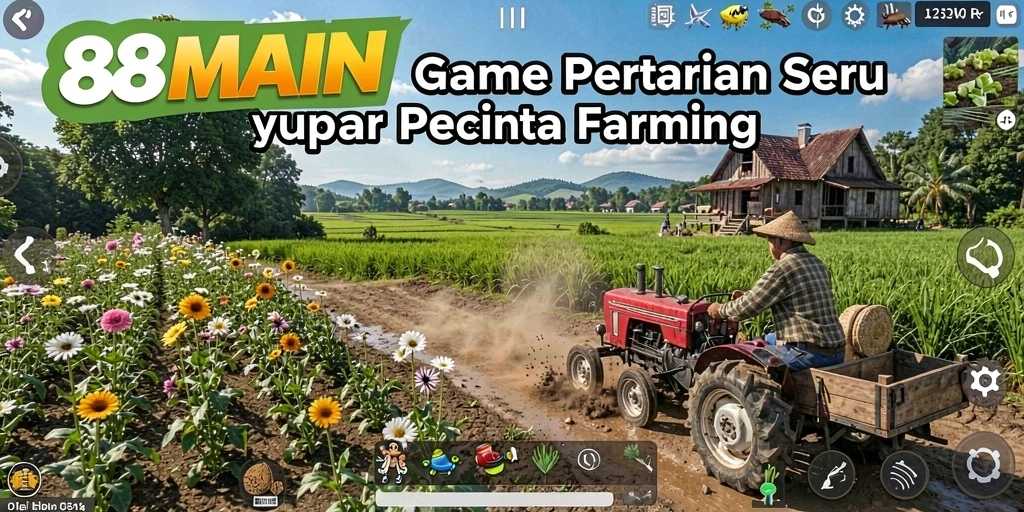 Tampilan gameplay <strong>88MAIN</strong> yang menampilkan pertanian aktif dan interaksi pemain.