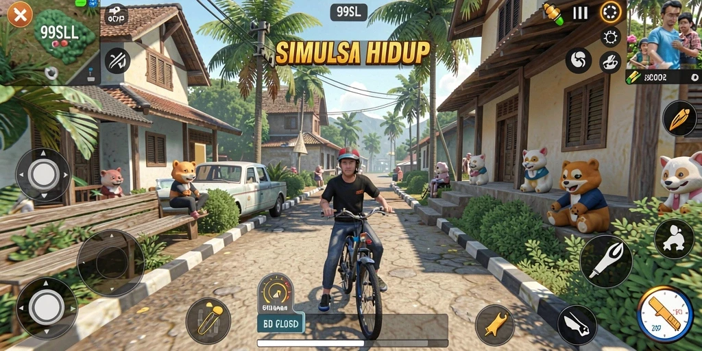 Screenshot 99SLL menampilkan karakter utama dalam berbagai aktivitas simulasi kehidupan.