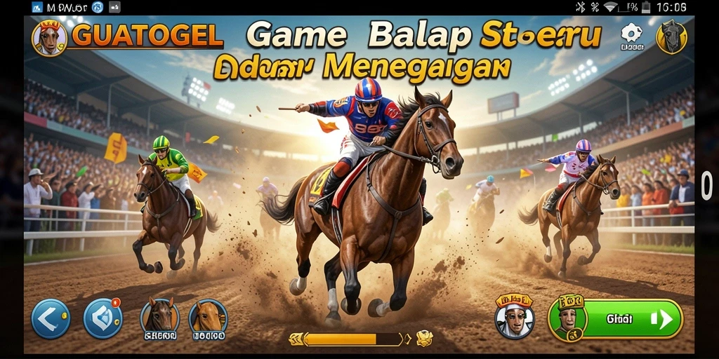 Tampilan gameplay GUATOGEL dengan mobil balap yang beraksi di lintasan.