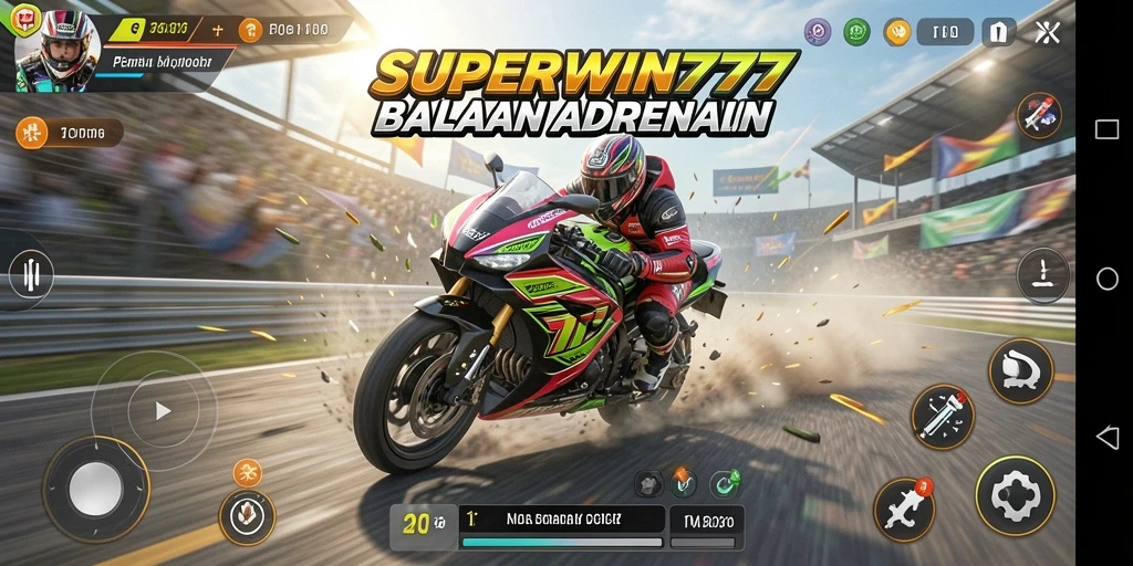 Screenshot gameplay SUPERWIN777 menampilkan aksi balapan motor yang mendebarkan.